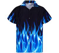 King Kameha Funky-Chemise-Hawaienne, Manche-Courte, Flames, Bleu, XL
