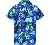 King Kameha Funky Chemise-Hawaienne, Manche-Courte, Flamingo-Flowers, Bleu-Turquoise, L