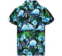King Kameha Funky Chemise-Hawaienne, Manche-Courte, Flamingo-Flowers, Noir-Bleu, L