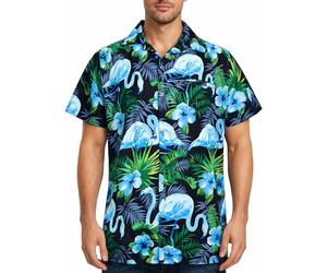 King Kameha Funky Chemise-Hawaienne, Manche-Courte, Flamingo-Flowers, Noir-Bleu, XS