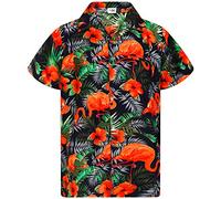 King Kameha Funky Chemise-Hawaienne, Manche-Courte, Flamingo-Flowers, Noir-Orange, 9XL