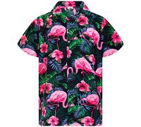 King Kameha Funky Chemise-Hawaienne, Manche-Courte, Flamingo-Flowers, Noir-Rose, 4XL