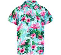 King Kameha Funky Chemise-Hawaienne, Manche-Courte, Flamingo-Flowers, Turquoise-Rose, M