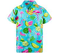 King Kameha Funky Chemise-Hawaienne, Manche-Courte, Flamingo-Melon, Turquoise, XS