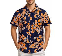 King Kameha Funky-Chemise-Hawaienne, Manche-Courte, Hibiscus, Bleu-Marine-Orange, XXL