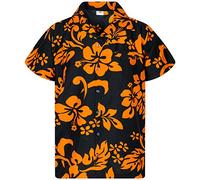 King Kameha Funky-Chemise-Hawaienne, Manche-Courte, Hibiscus, Noir-Orange, 3XL