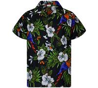 King Kameha Funky Chemise-Hawaienne, Manche-Courte, JK-Cherry-Parrot, Noir, L