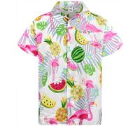 King Kameha Funky Chemise-Hawaienne, Manche-Courte, JK-Flamingo-Melon-Print, Blanc, S