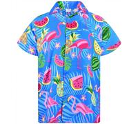 King Kameha Funky Chemise-Hawaienne, Manche-Courte, JK-Flamingo-Melon-Print, Bleu-Indigo, S