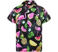King Kameha Funky Chemise-Hawaienne, Manche-Courte, JK-Flamingo-Melon-Print, Noir, L