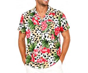 King Kameha Funky Chemise-Hawaienne, Manche-Courte, Leopard-Flowers, Beige-Naturel, M