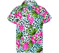 King Kameha Funky Chemise-Hawaienne, Manche-Courte, Leopard-Flowers, Bleu-Clair, XL