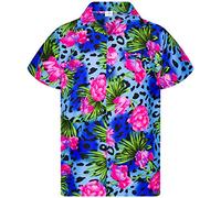 King Kameha Funky Chemise-Hawaienne, Manche-Courte, Leopard-Flowers, Bleu, XXL
