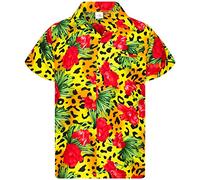 King Kameha Funky Chemise-Hawaienne, Manche-Courte, Leopard-Flowers, Jaune, L