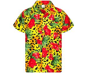 King Kameha Funky Chemise-Hawaienne, Manche-Courte, Leopard-Flowers, Jaune, M