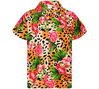 King Kameha Funky Chemise-Hawaienne, Manche-Courte, Leopard-Flowers, Orange, XXL