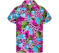 King Kameha Funky Chemise-Hawaienne, Manche-Courte, Leopard-Flowers, Rose, 3XL