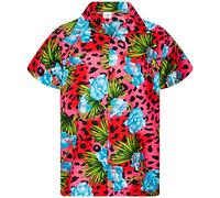 King Kameha Funky Chemise-Hawaienne, Manche-Courte, Leopard-Flowers, Rouge, S