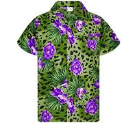 King Kameha Funky Chemise-Hawaienne, Manche-Courte, Leopard-Flowers, Vert-Foncé, L