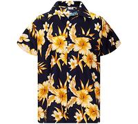 King Kameha Funky Chemise-Hawaienne, Manche-Courte, Mono-Flowers, Bleu-Marine-Jaune, 5XL