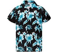 King Kameha Funky Chemise-Hawaienne, Manche-Courte, Mono-Flowers, Noir-Turquoise, XL