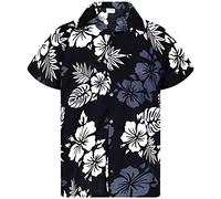 King Kameha Funky Chemise-Hawaienne, Manche-Courte, Mono-Hibiscus, Noir-Blanc, L