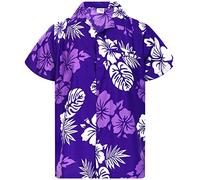 King Kameha Funky Chemise-Hawaienne, Manche-Courte, Mono-Hibiscus, Violet-Blanc, XXL