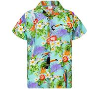 King Kameha Funky Chemise-Hawaienne, Manche-Courte, Parrot-Cockatoo, Bleu-Clair, M