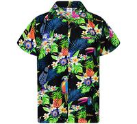 King Kameha Funky Chemise-Hawaienne, Manche-Courte, Parrot-Cockatoo, Noir, 3XL