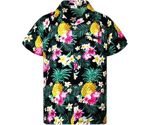 King Kameha Funky Chemise-Hawaienne, Manche-Courte, Pineapple-Flowers, Noir, XL