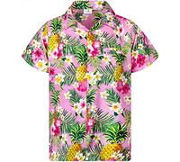 King Kameha Funky Chemise-Hawaienne, Manche-Courte, Pineapple-Flowers, Rose-Clair, XL