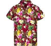 King Kameha Funky Chemise-Hawaienne, Manche-Courte, Pineapple-Flowers, Rouge-Marron, 3XL
