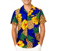 King Kameha Funky Chemise-Hawaienne, Manche-Courte, Pineapple-Hibiscus, Bleu, L