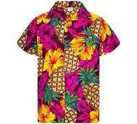 King Kameha Funky Chemise-Hawaienne, Manche-Courte, Pineapple-Hibiscus, Rose-Magenta, XL