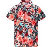 King Kameha Funky Chemise-Hawaienne, Manche-Courte, Tropical-Hibiscus, Rouge-Bordeaux-Vert, L