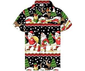 King Kameha Funky-Chemise-Hawaienne, Noël, Manche-Courte, Christmas-Border-Print, Noir, L