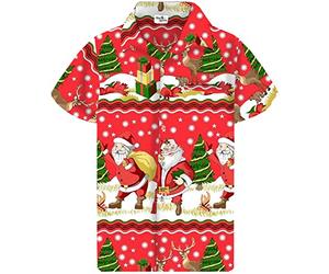 King Kameha Funky-Chemise-Hawaienne, Noël, Manche-Courte, Christmas-Border-Print, Rouge, XL