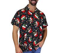 King Kameha Funky-Chemise-Hawaienne, Noël, Manche-Courte, Christmas-Flying-Hats, Noir, 3XL