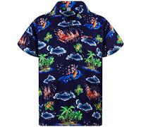 King Kameha Funky-Chemise-Hawaienne, Noël, Manche-Courte, Christmas-Island, Multi-Bleu, 5XL