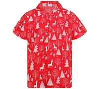 King Kameha Funky-Chemise-Hawaienne, Noël, Manche-Courte, Reindeer-Allover, Rouge, XS