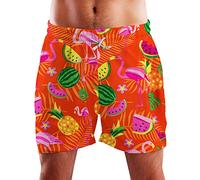 King Kameha Funky Hawaiian Board-Short de bain pour homme Doublure en maille Fermeture à cordon de serrage Style décontracté Motif flamant rose et fleurs, Short Flamingo Melon Orange, L