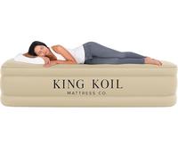 King Koil Matelas gonflable de luxe de 40,6 cm, lit double, beige avec pompe intégrée pour la maison, le camping et les invités, matelas gonflable de luxe, double hauteur, réglable, durable