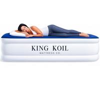 King Koil Matelas gonflable en peluche avec pompe à grande vitesse intégrée, idéal pour la maison, le camping, les invités, grand lit double, matelas gonflable réglable, imperméable, 1 an