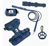 King Macks Ensemble harnais pour chien avec collier et laisse, support de sac à déchets et clip pour sac à déchets sales, réglable pour chiens de petite, moyenne et grande taille, léger (bleu marine,