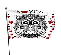 King Owl avec de grands yeux Drapeau de jardin 0,9 x 1,5 m Animal Oiseau Couronne Coeur rouge Je t'aime Romance Citation Polyester Yard Drapeaux Maison Patio Pelouse Intérieur Extérieur Bannière de