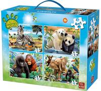 King, puzzle 4 en 1 de 72 pièces thème Animal World Valise de transport en carton, Coloré