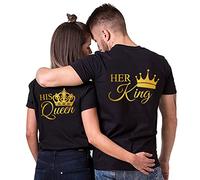 King Queen Tshirt Couple Roi et Reine Manches Courte pour Saint Valentin Cadeau Couronne Coton 1 Pièce(Gold-BK-Queen-XXL)