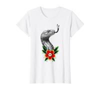 King Tatouage Fleur Serpent Serpent Traditionnel Cobra T-Shirt Graphique avec Valeur, Femme, Blanc, M