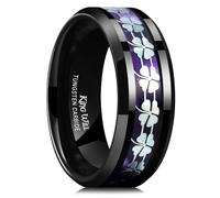 King Will Alliance en tungstène de 8 mm pour homme - Bague en métal vert bleu violet plaqué coquillage incrusté de trèfle à quatre feuilles - Bords biseautés polis - Bague de fiançailles confortable