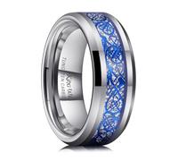 King Will Bague en tungstène argenté 8 mm, Alliance pour hommes avec incrustation de dragon celtique bleu et de météorite, Bord biseauté, 66.0 (21.0)